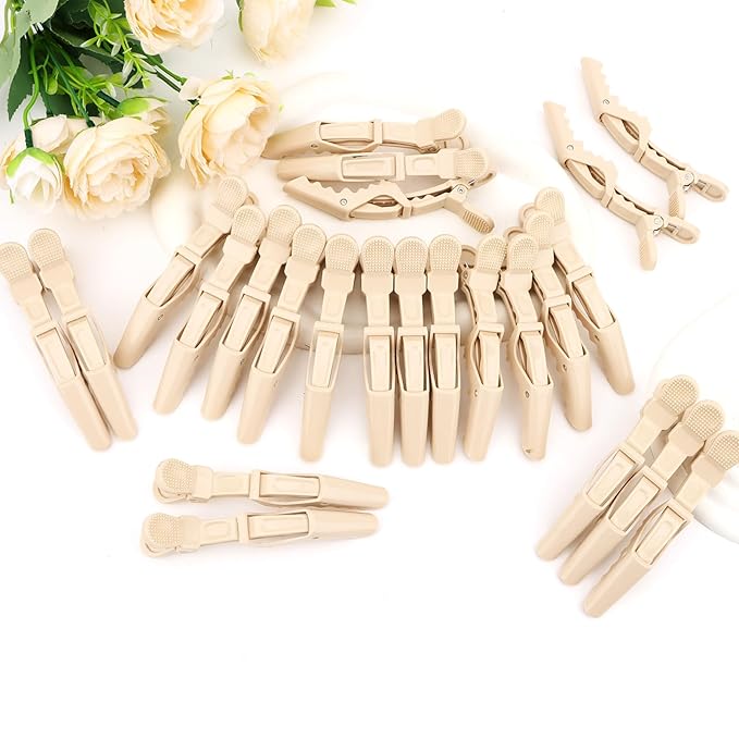 24 Pack Alligator Hair Clips for Styling, Sectioning Crocodile hair Clips Professional Barber Accessories for Salon of Thick Curly Volume Hair (Beige)