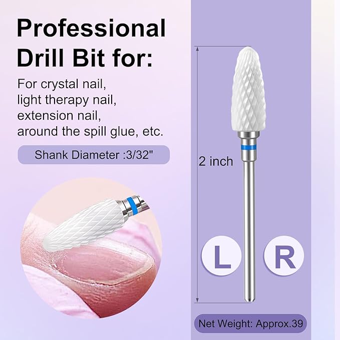 Fantexy 3/32" Ceramic Nail Drill Bit - Remove Acrylic Hard Gels Quickly and Safely,White Ceramic Cone File Bit for Nail Art,Manicure,Pedicure,Gel,Cuticle Clean(Medium - M)