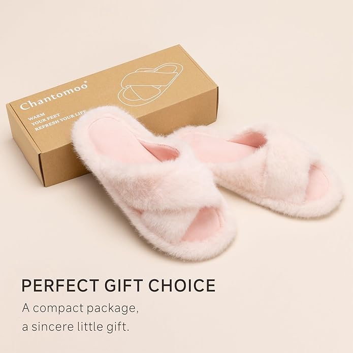Chantomoo Womens Slippers Memory Foam Fuzzy Cross Band Faux Fur Slippers for Women Gift