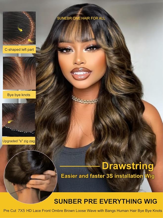 Sunber Ombre Brown Highlight Balayage Loose Body Wave With Bangs Glueless Wigs Pre cut 7x5 HD Lace Front Bye Bye Knots Drawstring Wig 20Inch Put On Go Pre Plucked Bleached Invisible Knots 180% Density