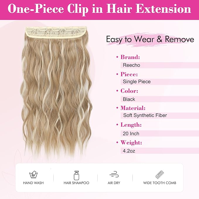 REECHO Clip in Hair Extensions, 20” One Piece Hair Extension Clip in Wefts Long Thick Beach Wavy Natural Soft Synthetic Hairpieces for Women, Medium Blonde with Highlights