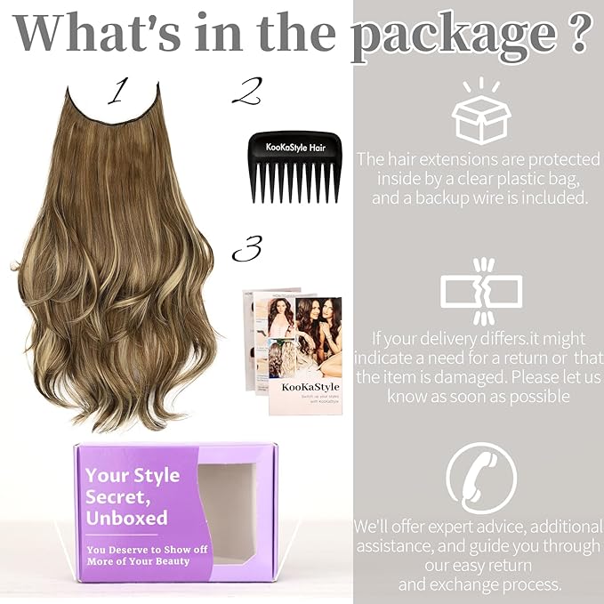 KooKaStyle Invisible Wire Hair Extensions Long Straight Layered Synthetic with Transparent Wire Adjustable Size 6 Secure Clips Hairpieces for Women 20 Inch (20 Inch, Light Brown with Caramel Blonde)