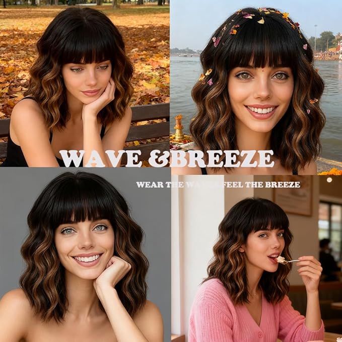 WAVE&BREEZE Brown Highlight Blonde Wig with Bangs Short Curly Bob Wigs for Women 14 Inch Shoulder Length Natural Looking Hair Replacement Wigs for Cosplay Party Use
