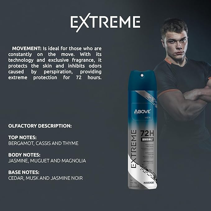 ABOVE Extreme Men Movement - 72H Deodorant Spray for Men(4 Pack) | Derma Clinical Antiperspirant, Whole Body Freshness | Long-Lasting Mens Body Spray Deodorant | No Stain, Alcohol and Aluminum-Free