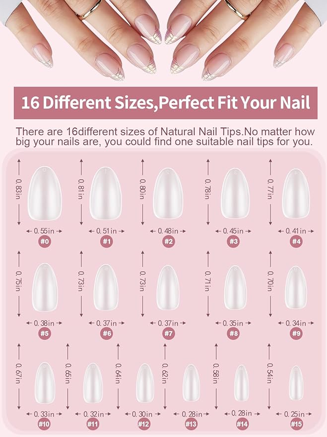 EBANKU Build on Apex Natural Nail Tips, 16 Sizes 160 PCS Short Almond Clear Acrylic Full Cover Press on Nail Tips with Builder Glue, Pre-applied Tip Primer & Base Coat