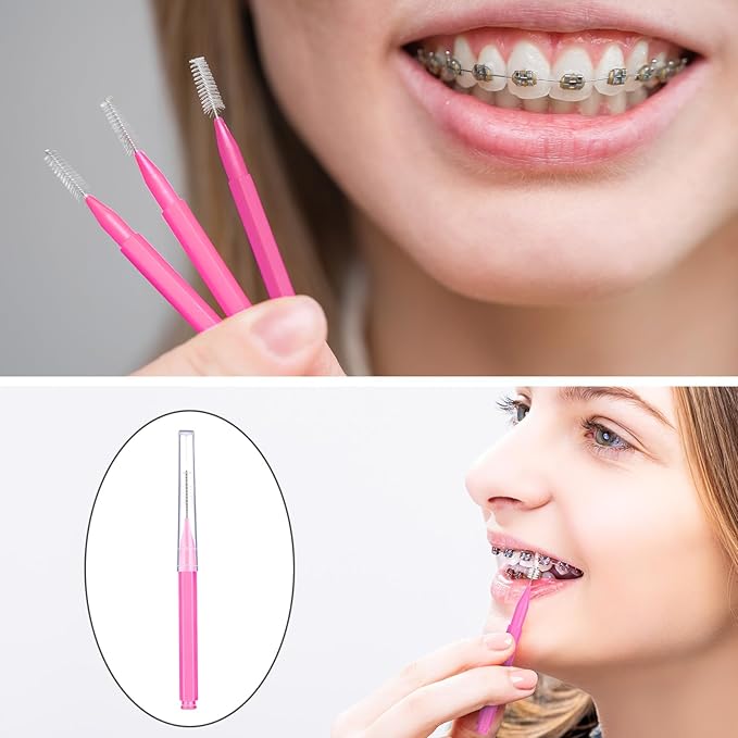 Patelai 100 Pieces Braces Brush for Cleaner Interdental Brush Toothpick Dental Tooth Flossing Head Oral Dental Hygiene Flosser Toothpick Cleaners Tooth Tool(Pink,Portable Size)