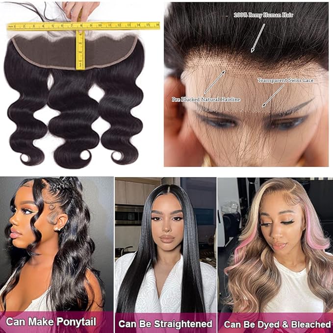 13x4 Ear to Ear Lace Frontal Closure Body Wave 14 Inch Brazilian Human Hair 13x4 Transparent HD Lace Closure Pre Plucked with Baby Hair 150% Density Free Part Frontal Natural Black Color