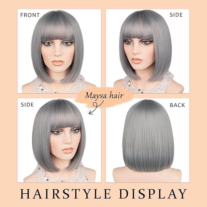 MAYSA Grey Bob Wig with Bangs Short straight Wig 12in Synthetic Cosplay Halloween Costume Wig for Women # Grey