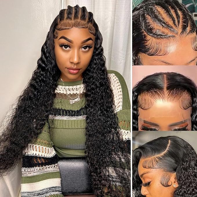 13x6 Deep Wave Lace Front Wigs Human Hair 200% Density HD Lace Front Wigs Human Hair for Women Glueless Pre Plucked Bleached Knots Lace Front Wig Deep Curly Wig Nature Color(Black, 30inch)