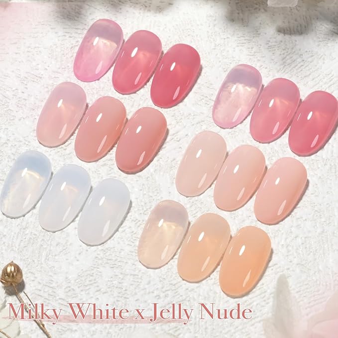 GAOY Milky White Jelly Nude Gel Nail Polish Set, 6 Transparent Colors Sheer Pink Orange Soak Off UV Light Cure Gel Polish Kit for Salon and Nail Art DIY at Home
