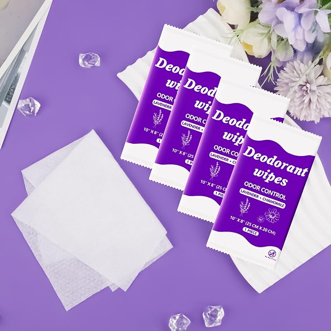 Travel Deodorant Body Shower Wipes Deodorizing Bathing Wipes, Disposable No Rinse Adults Women Men Individually Wrapped Underarm Sweat Antiperspirant Bath Wipe for Travel Camping Gym (Purple,100 Pack)