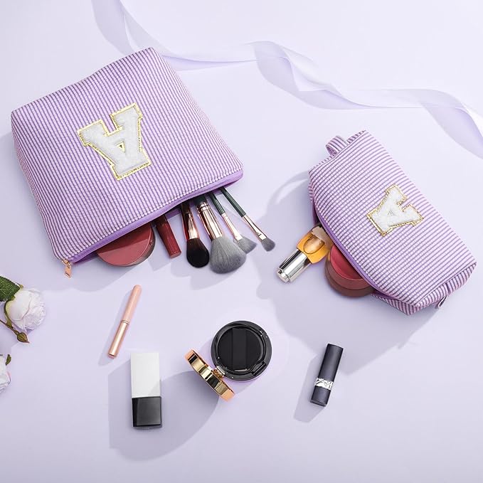 YOOLIFE Birthday Gifts for Women - Personalized Cute Purple Initial Cosmetic Makeup Pouch - Make Up Toiletry Bag for Her Mom Teacher Friend Girlfriend Wife - 21st Birthday Gifts F