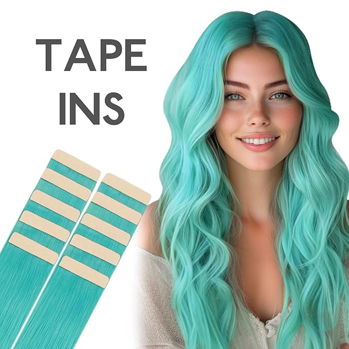 WENNALIFE Tape in Hair Extensions Human Hair Teal Green Tape in Extensions, 10pcs 30g 24 inch Remy Invisible Tape Ins Straight Colored Soft Real Human Hair Tape in Extensions Refill Set Extensions