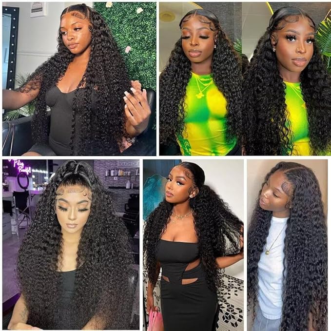 13x6 Deep Wave Lace Front Wigs Human Hair 180 Density Pre Plucked HD Transparent Curly Lace Frontal Human Hair Wig Natural Black Glueless Wigs with Baby Hair for Women 28 Inch