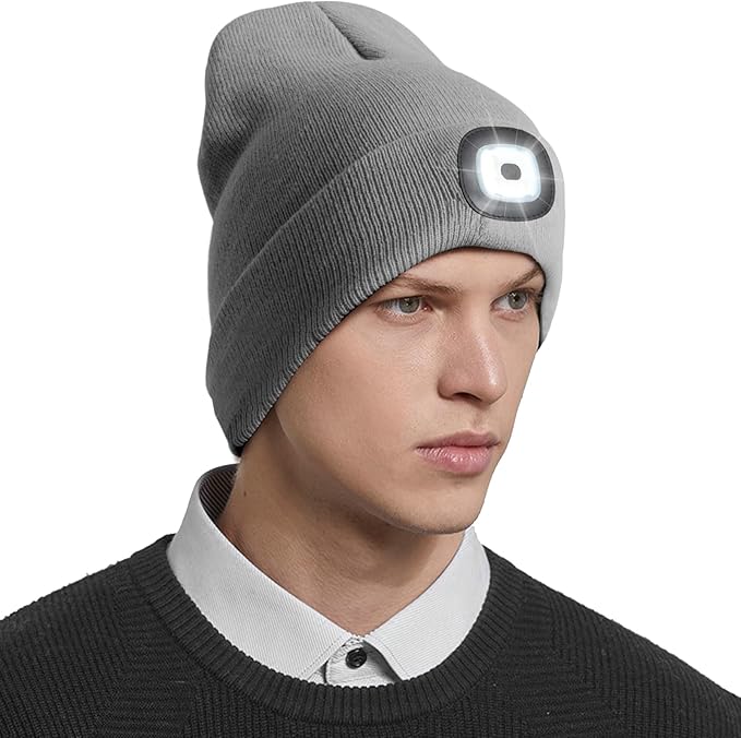 Unisex LED Beanie with Light, Rechargeable Headlamp Hat, Fathers Day Dad Gifts for Men, Warm Knitted Cap Birthday Gifts for Dad Adults Teens Men Women Him