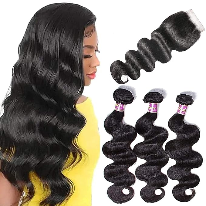 UNice Hair Icenu Series Hair Brazilian Virgin Human Hair Body Wave 3 Bundles with Closure 100% Real Unprocessed human Virgin Hair Extensions Natural Color (14 16 18+14 Closure)