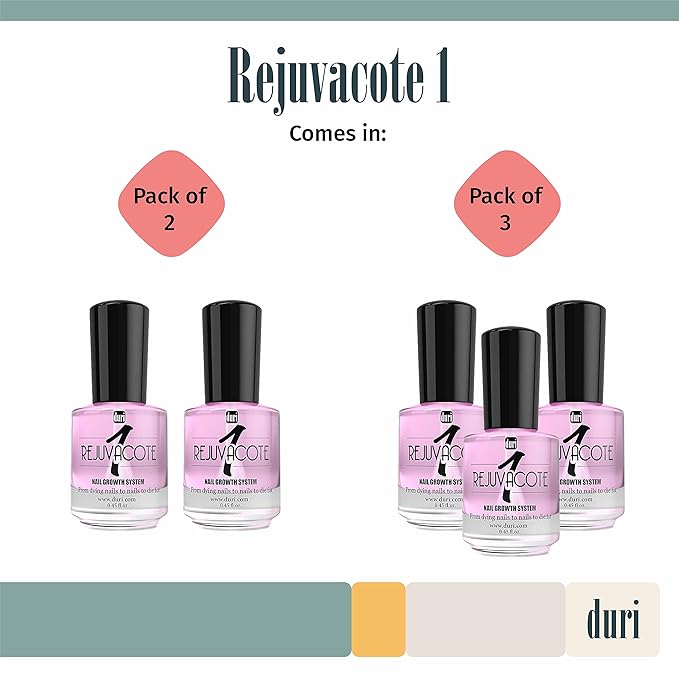 duri Rejuvacote 1 Nail Growth System - Original Maximum Strength Formula - Nail Strengthener and Nail Growth - Base and Top Coat - Pack of 2-0.45 fl. oz.