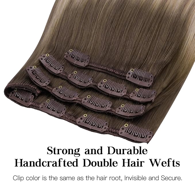 HOTBANANA Human Hair Clip in Hair Extensions, Balayage Caramel Blonde Hair Extensions 120g Real Human Hair Straight Remy Hair Clip Ins 18 Inch 7pcs