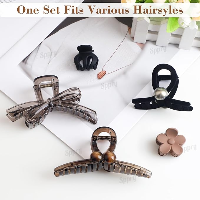 Classic Assorted Hair Claw Clips for Women Thick/Thin Hair, Set of 5, Brown & Black (02)