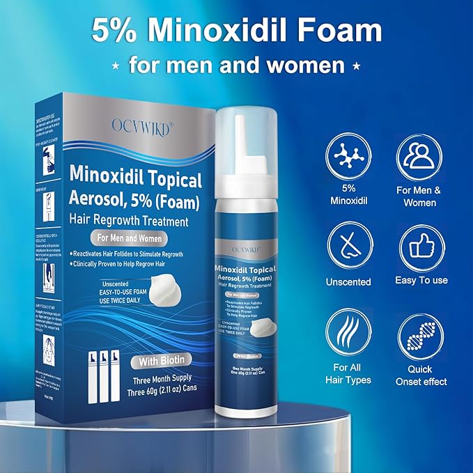 5% Minoxidil Foam, Biotin-Infused, Unisex Adult, Hair Growth Treatment, Unscented, Foam, 6-Month Supply, Supports Thicker and Fuller Hair & Beard