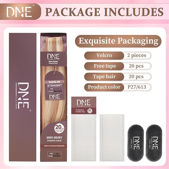 DNE Tape in Hair Extensions Real Human Hair 18 inches 20Pcs/50g/Pack Seamless #27/613 Light Color Straight Invisible Double Sided Tape in Hair Extensions for Women/Girls Can Bleached and Curl