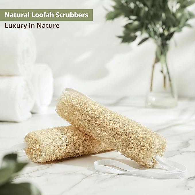 Natural Loofah Exfoliating Back & Body Scrubber Set | 40" Natural Whole Loofah Back Scrubber with Handles for Deep Cleansing | 100% Plant-Based Eco Luffa Shower Sponges for Women & Men