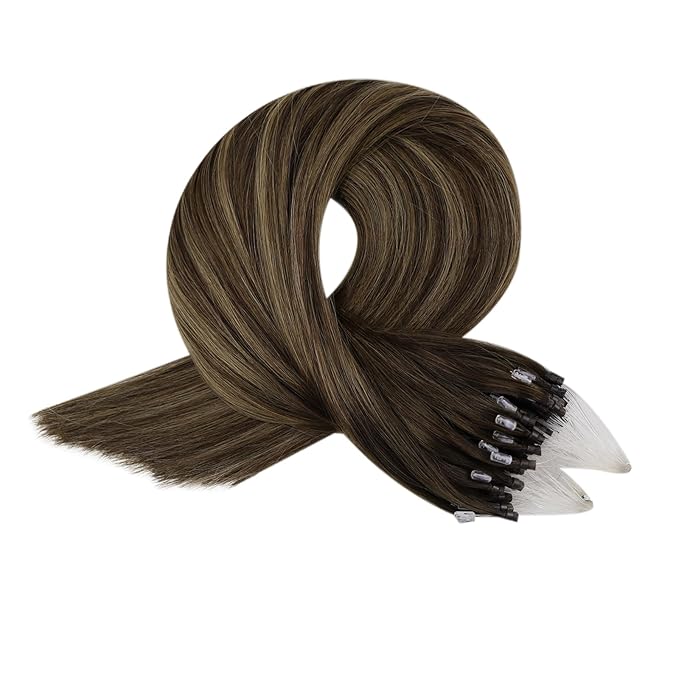 Full Shine Micro Bead Hair Extensions Real Human Hair Color 2 Dark Brown Fading to 8 Ash Brown Mixed 2 Brown 14 Inch 50G with 7G Micro Beads Micro Loop Hair Extensions Human Hair for Women