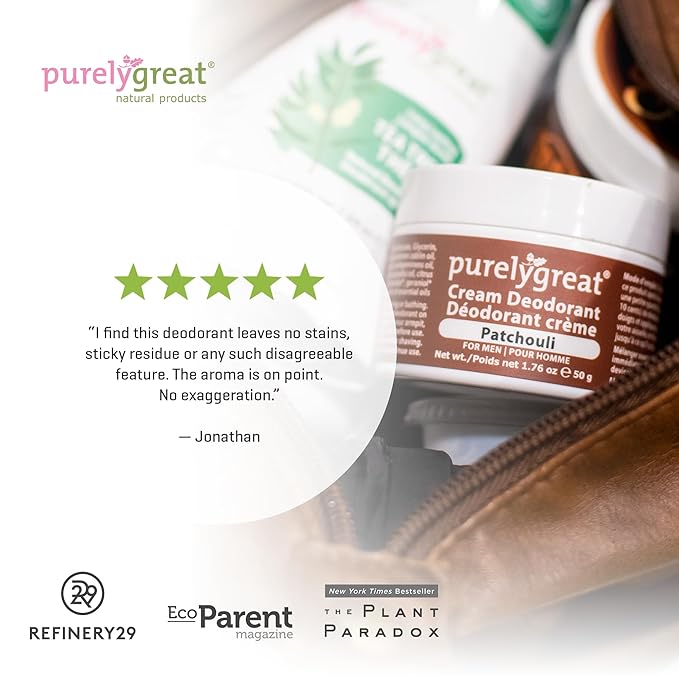 Purelygreat - Patchouli Scented Cream Deodorant, Chemical-Free Hygiene Essentials for Women, Natural Deodorant for Men with Soda & Corn Starch, No Sticky Residue, Parabens & BPA, 1.76 oz / 50 g