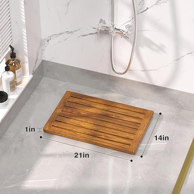 Teak Shower Mat, 21"x14" Wood Bath Mat Non-Slip Bathroom Mat Teak Bath Mats for Bathroom, Wooden Floor Mat Bathroom Mat for Inside, Outdoor or Spa(Small)