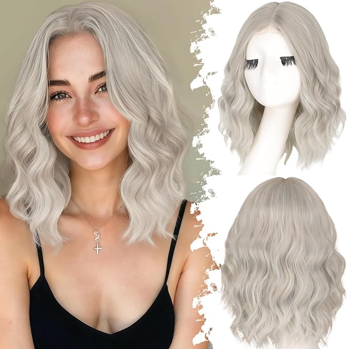 Silver Gray Short Wavy Wig for Women Lace Hairline Bob Style Synthetic Heat Resistant - Natural Appearance for Everyday Hairstyle 14 Inch