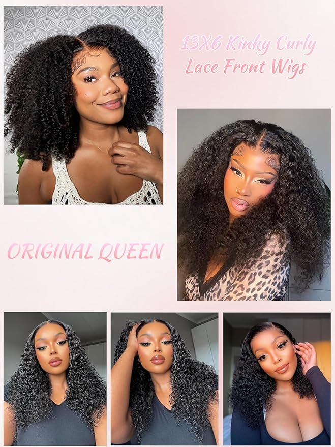 ORIGINAL QUEEN Kinky Curly Lace Front Wigs Human Hair 200 Density 13x6 Lace Frontal Wig Afro Curly Human Hair Wigs for Women Pre Plucked Pre Bleached Knots Natural Color 30Inch