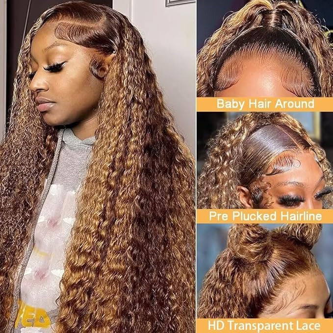 Highlight Ombre Lace Front Wigs Human Hair Honey Blonde Deep Wave 13x6 HD Transparent Lace Frontal Wigs Human Hair P4/27 Colored Curly Wig for Women 180% Density Glueless Pre Plucked 20 Inch Wig