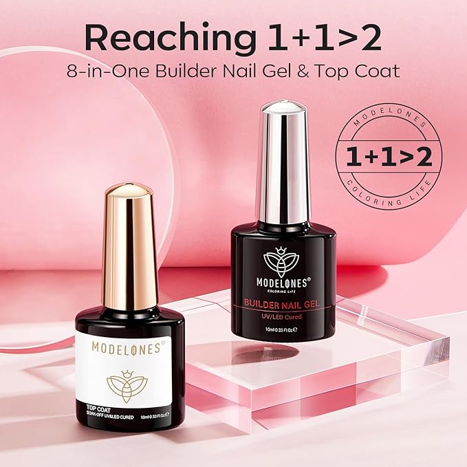 modelones Builder Nail Gel with Gel Top Coat, 8-In-One Cover Nude Builder Acid Free Top Coat for Nail Thickening Apex Building Rubber Color Base Polish Shine Finish, LED Lamp Cured 10ml Home DIY Salon