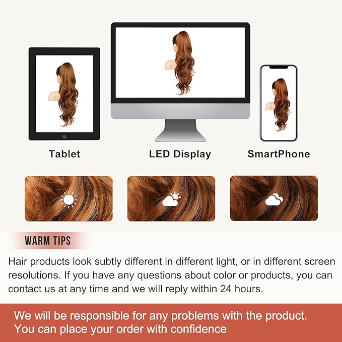 FLUFYMOOZ 26" Ponytail Extension, Long Wavy Curly Claw Clip in Ponytail Hair Extensions, Natural Synthetic Hairpiece for Women Daily Wear(Copper Red)