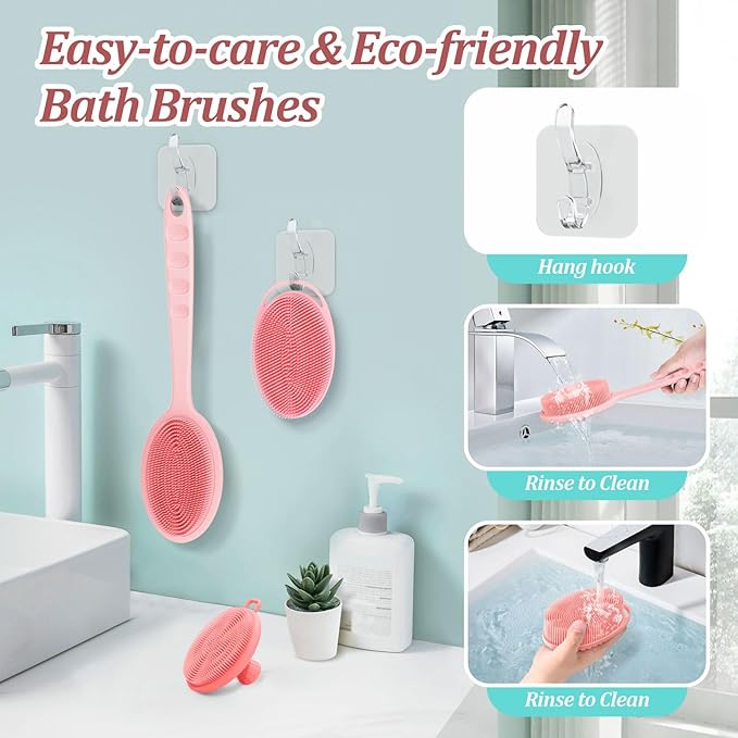 Silicone Back & Body & Face Scrubber Set 3PCS, Gentle Exfoliating Back & Body Scrubber with Dual-Side Brush Head, Hygienic Silicone Loofahs with Soft Bristle and Non-Slip Handle(Pink-3PC)
