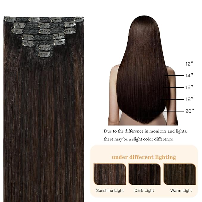 Ombre Hair Extensions Human Hair Balayage Dark Brown to Chestnut Brown Clip in Hair Extensions 14 Inch 7pcs Remy Hair Straight Long Hair for Women 105g