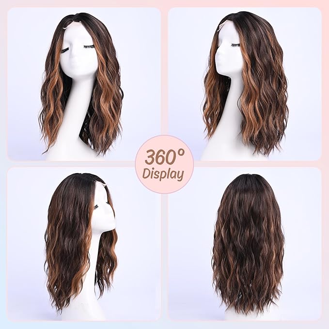 Brown with Highlight Medium Length Wigs for Women Dark Brown Mixed Gold Wig Middle Part Synthetic Hair Wigs Wavy Natural Hair for Daily Party Use Colourful Wig