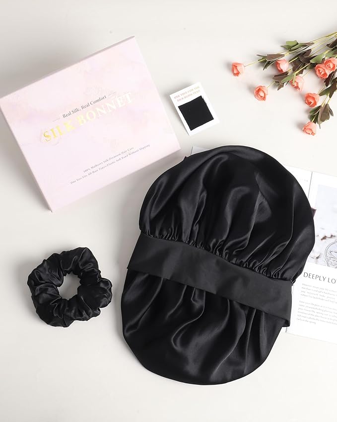 Mulberry Silk Bonnet Sleeping Women Curly Hair Bonnets Tie Band Double Layer Reversible Sleep Bonnet Silk Hair Wrap Sleep Cap