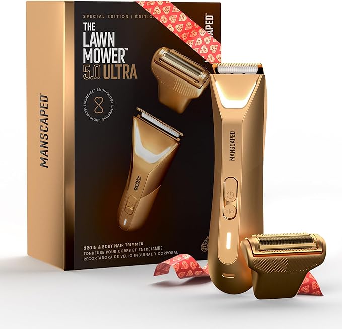 MANSCAPED® The Lawn Mower® 5.0 Ultra Groin & Body Hair Trimmer – Dual-Head SkinSafe® Trimmer & Foil Blades, Waterproof Groomer, USB-C Rechargeable with Travel Case, Men’s Ball Shaver, Forged Gold