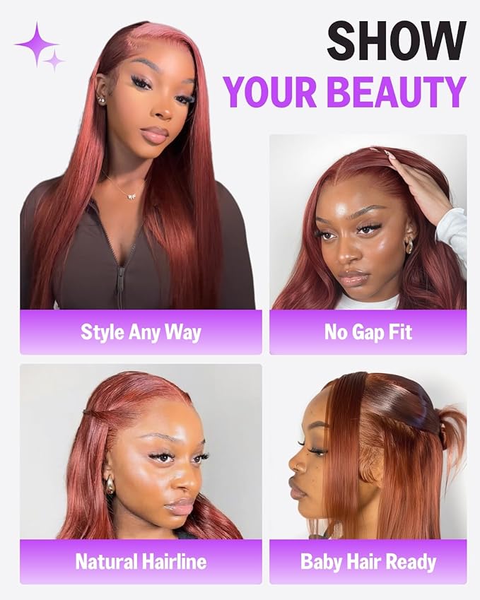 13x6 Reddish Brown Lace Front Wigs Human Hair 220% Density Glueless Ear-to-Ear HD Frontal Body Wave Wigs Human Hair Pre Plucked Pre Cut Drawstring Wig 20 Inch