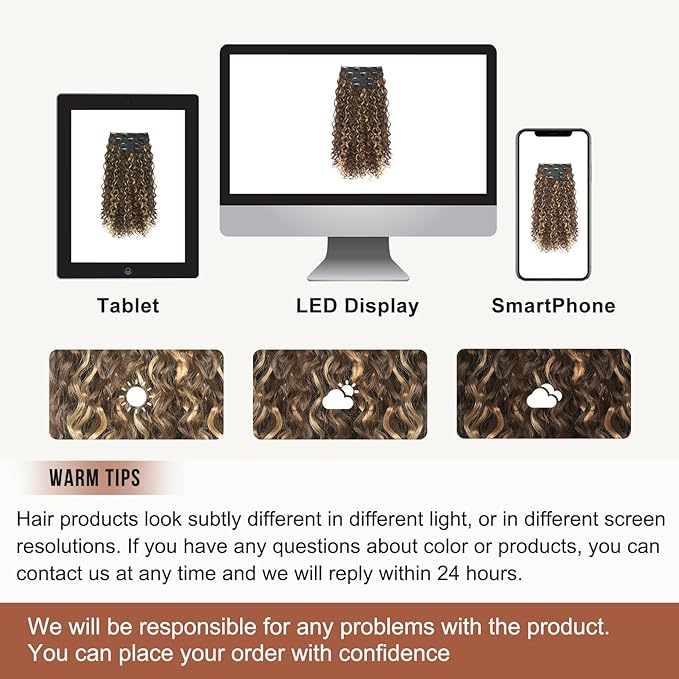 Clip in Hair Extensions, FLUFYMOOZ 4PC 100% Pure Protein Silk Hair Extensions Long Soft Natural Hairpiece 20 Inch Curly Hair Extension for Women (Dark Golden Brown with Highlight)