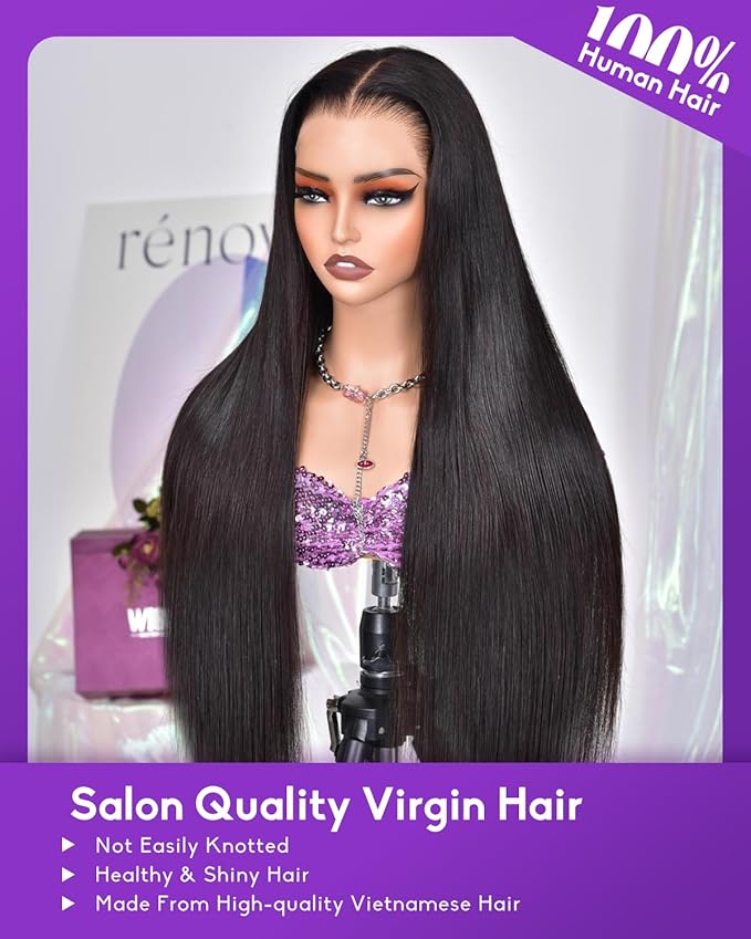 9x6 SKINLIKE Real HD Lace Closure Wig, Straight 180% Density 0.10mm Ultra-thin Swiss Lace Pre-plucked Bleached Small Knots With Baby Hair Natural Black Human Hair Wigs 26 Inch