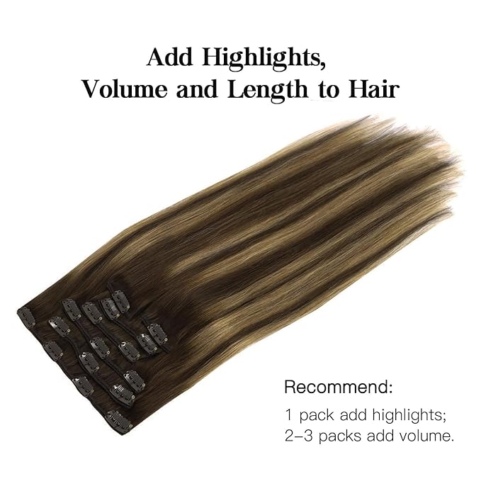 HOTBANANA Human Hair Clip in Hair Extensions, Balayage Chocolate Brown Mixed Caramel Blonde 120g Hair Extensions Real Human Hair Straight Remy Hair Dark Roots Ombre 16 Inch 7pcs
