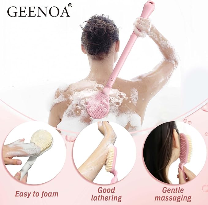 Back Scrubber for Shower, 19’’ Detachable Long Handle Shower Body Scrubber for Wet or Dry Brush, Adjustable 2-in-1 Back & Body Brush with Medium Soft Bristles for Deep Cleaning(White)