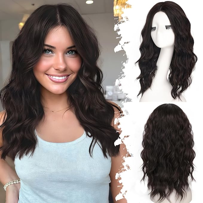 Dark Brown Short Wavy Wig for Women Lace Hairline Bob Style Synthetic Heat Resistant - Natural Appearance for Everyday Hairstyle 18 Inch