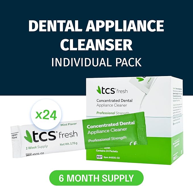 TCS Fresh Concentrated Dental Appliance Cleaner Set, Professional Denture and Retainer Cleaner Powder with Soft Bristle Brush (24 Packets, 6 Month Supply, Mint Flavor)