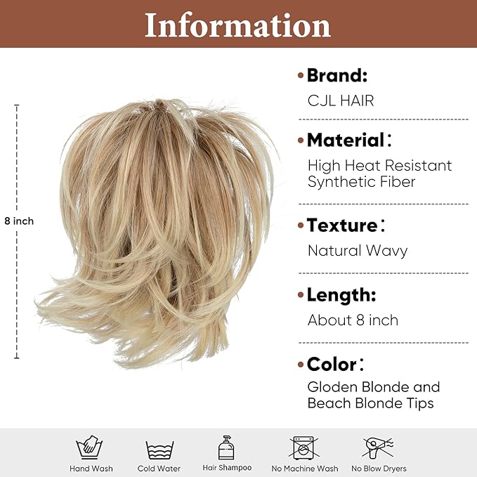 CJL HAIR Claw Clip Short Ponytail Hair Extensions DIY Bendable Metals Messy Bun Hair Piece for Wonen Straight Synthetic Fake Hairpieces Gloden Blonde and Beach Blonde Tips