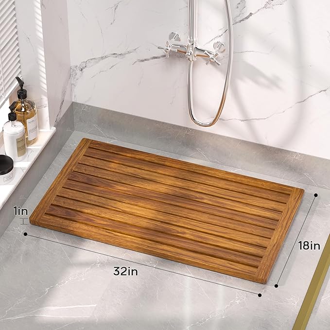 Teak Shower Mat, 32"x18" Wood Bath Mats Non-Slip Bathroom Mat Teak Bath Mats for Bathroom, Wooden Floor Bathroom Mat for Inside, Outdoor or Spa