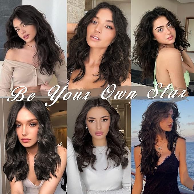 BARSDAR Wavy Chocolate Brown Clip in Hair Extensions - 14 Inch Short Wavy Clip in Hair Extensions for Women - 5PCs Thick Soft Synthetic Voluminous Easy Wear Brown Hairpieces Daily Party
