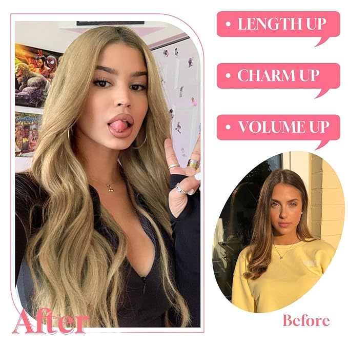 Vigorous Clip in Hair Extensions 20Inch Long Wavy Soft Synthetic Hair Extension 4Pcs Thick Hairpieces for WomenďźBrown Blonde Ombre